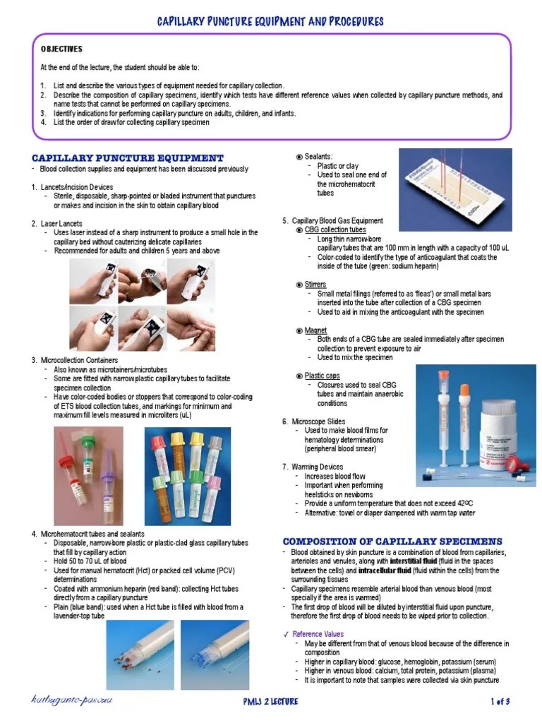 Capillary Puncture Equipment and Procedure PDF Blood Vein