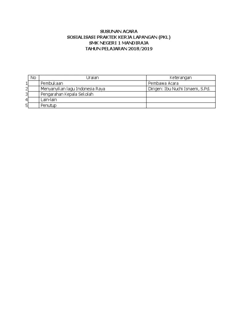 Susunan Acara Sosialisasi Un PKL | PDF