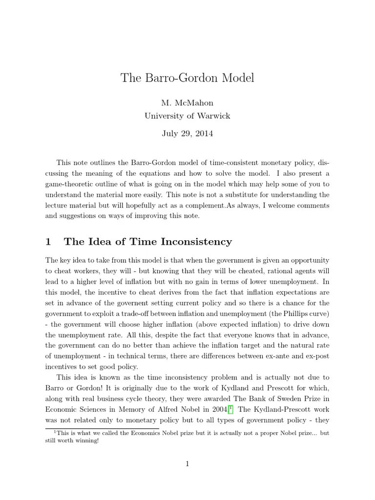 The Barro-Gordon Model: 1 The Idea of Time Inconsistency | PDF