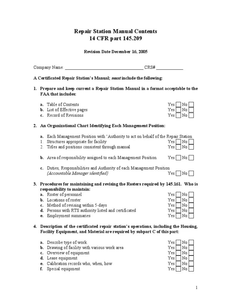 Repair Station Manual Contents PDF Calibration Business