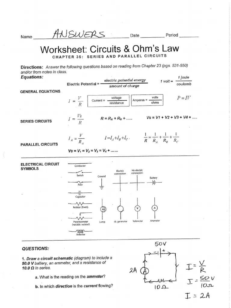 Worksheet Circuits & Ohm's Law (ANSWER KEY) PDF