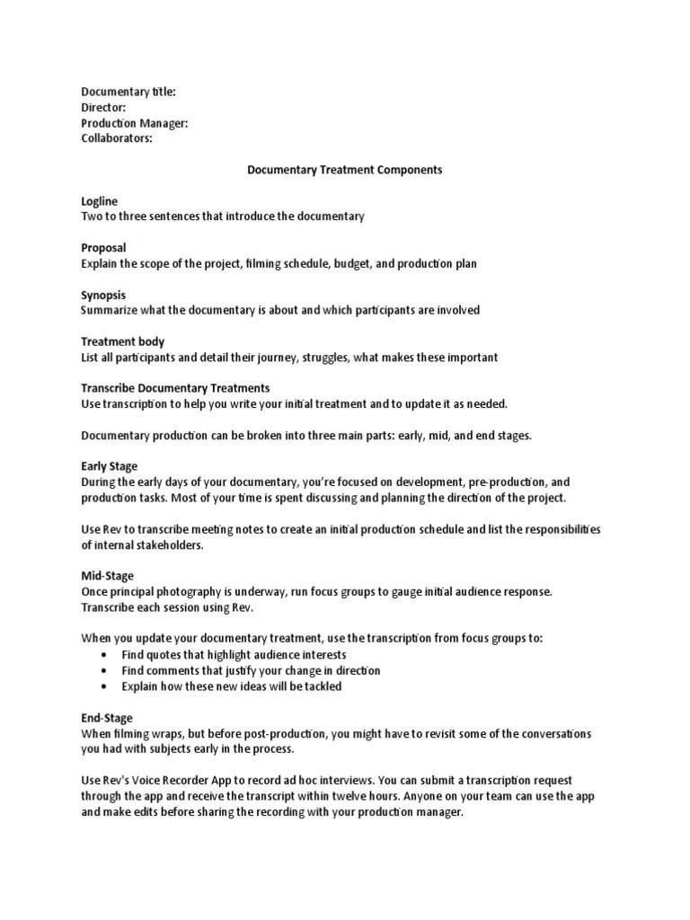 Documentary Treatment Components Logline PDF