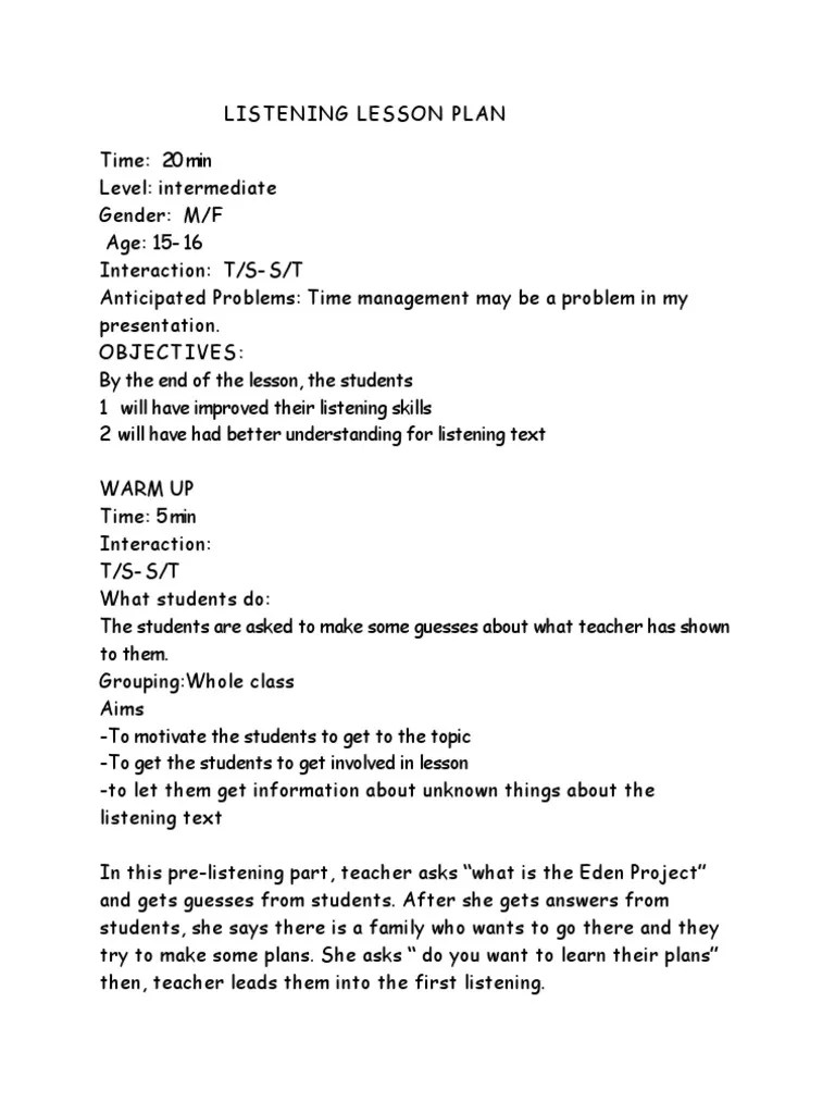 Listening Lesson Plan PDF Lesson Plan Teachers