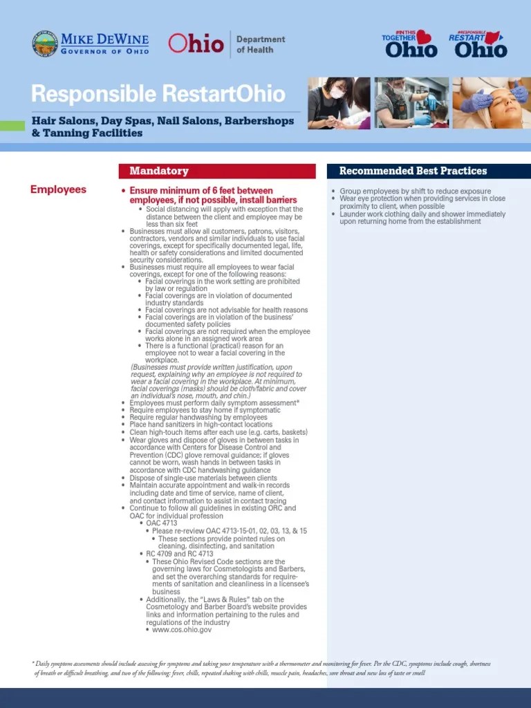 Ohio Rules and Regulations For Reopening Salons and Spas PDF Hand