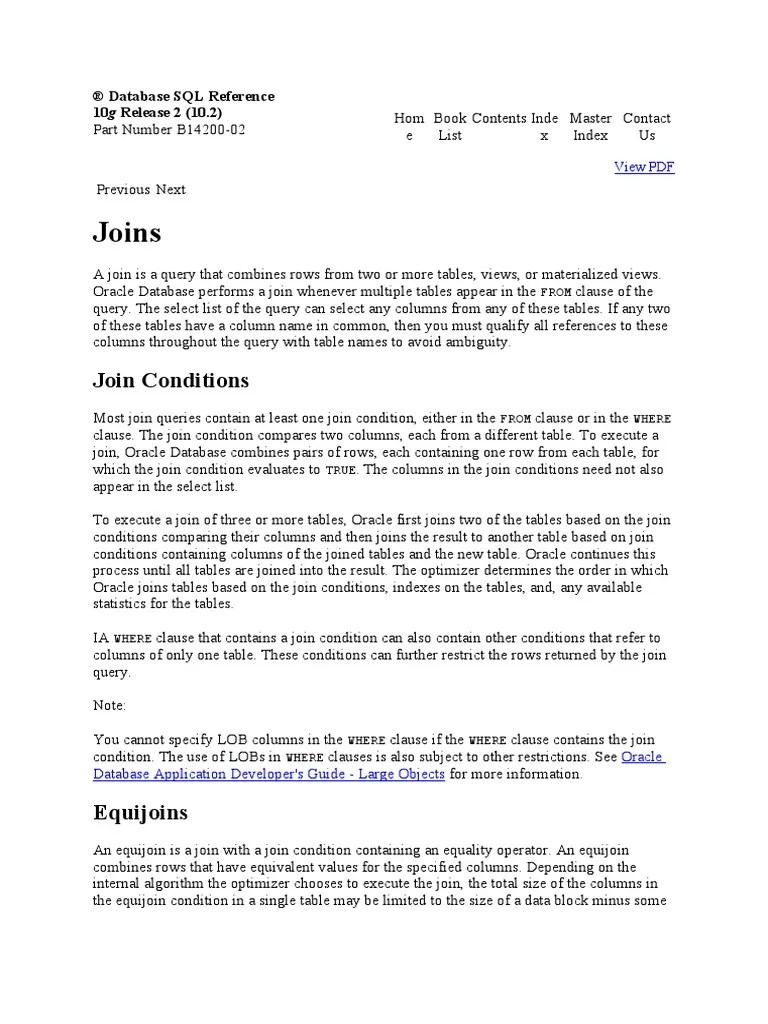 Joins Join Conditions PDF Table (Database) Data