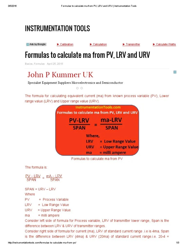 Formulas To Calculate Ma From PV, LRV and URV Instrumentation Tools