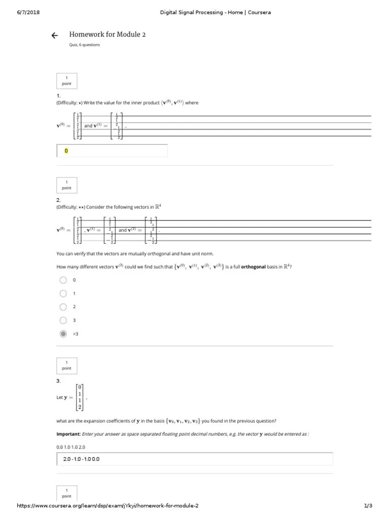 Homework Homework For Module 2 Digital Signal Processing Coursera Module 2 PDF Basis (Linear