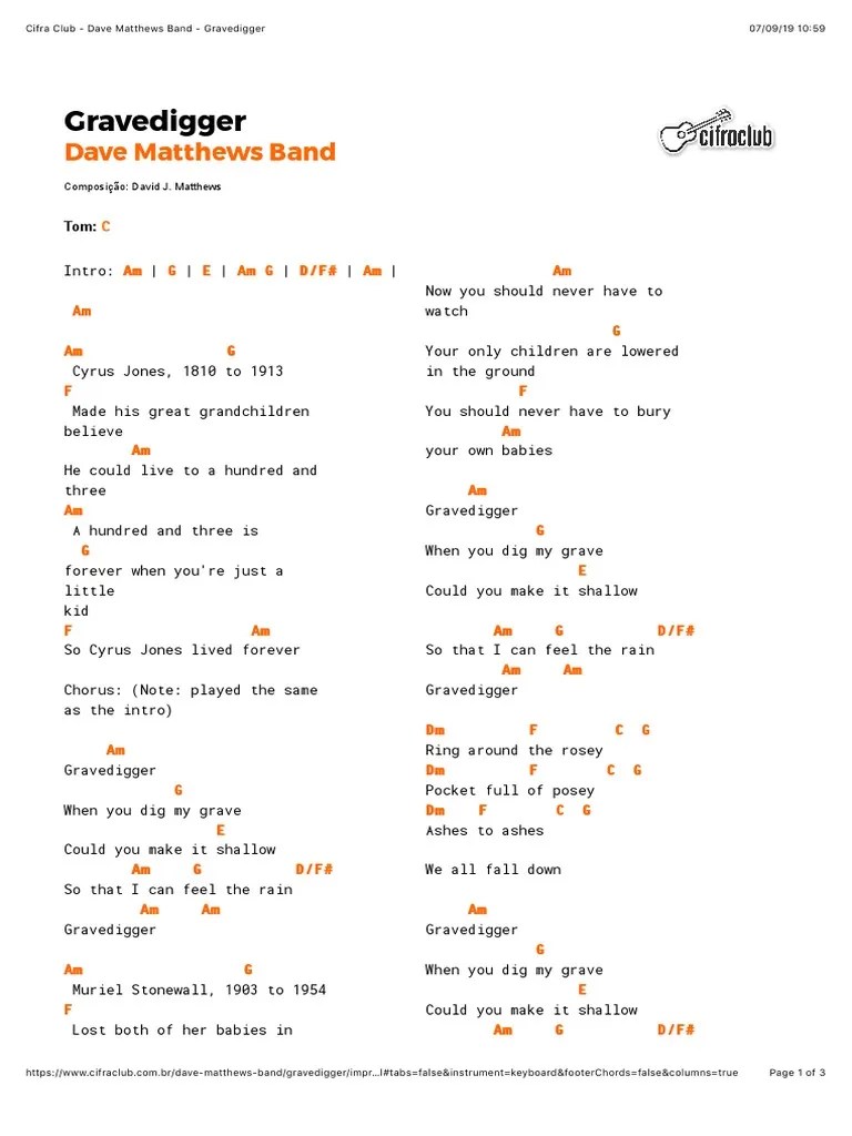Cifra Club Dave Matthews Band Gravedigger PDF Songs Musical
