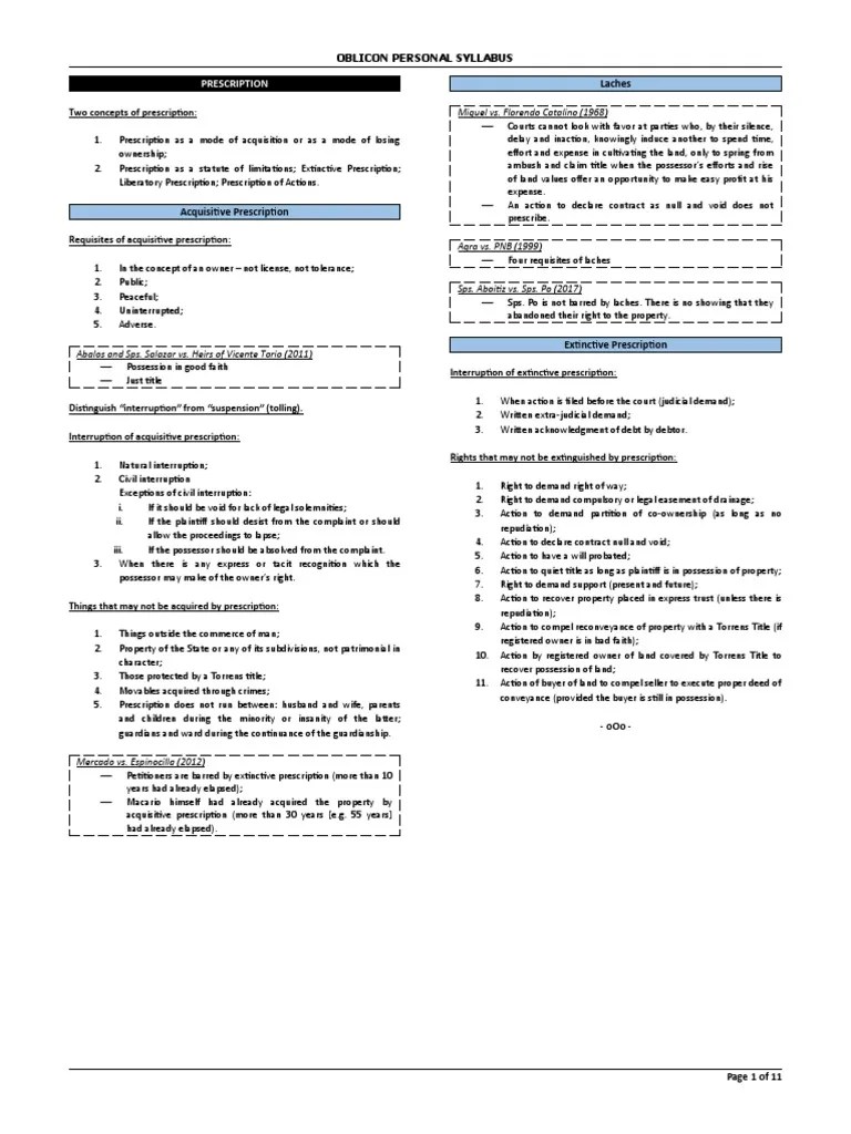 Prescription Oblicon Personal Syllabus Laches PDF Statute Of