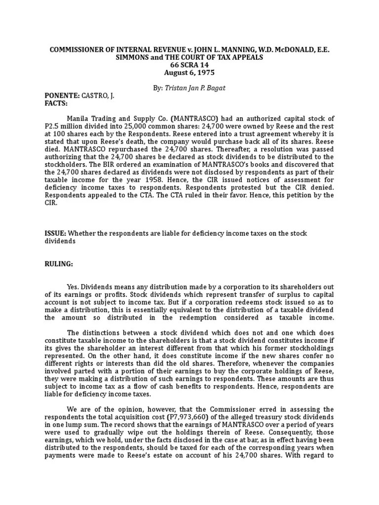 Commissioner Vs Manning PDF Dividend Tax In The United States