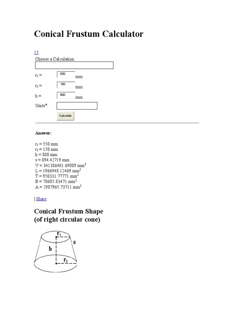 Conical Frustum Calculator PDF Area Geometry
