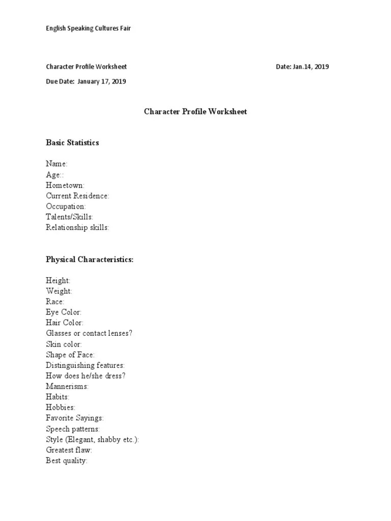 Character Profile Worksheet | PDF