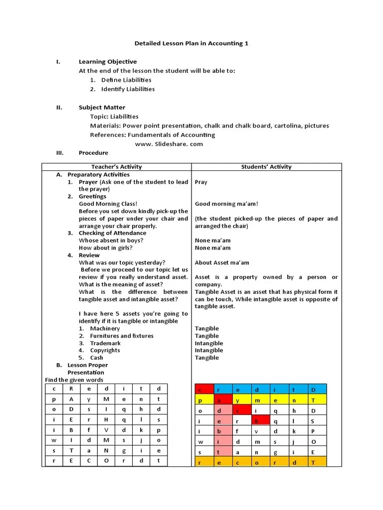 Detailed Lesson Plan in Accounting 1 PDF Liability (Financial Accounting) Debt