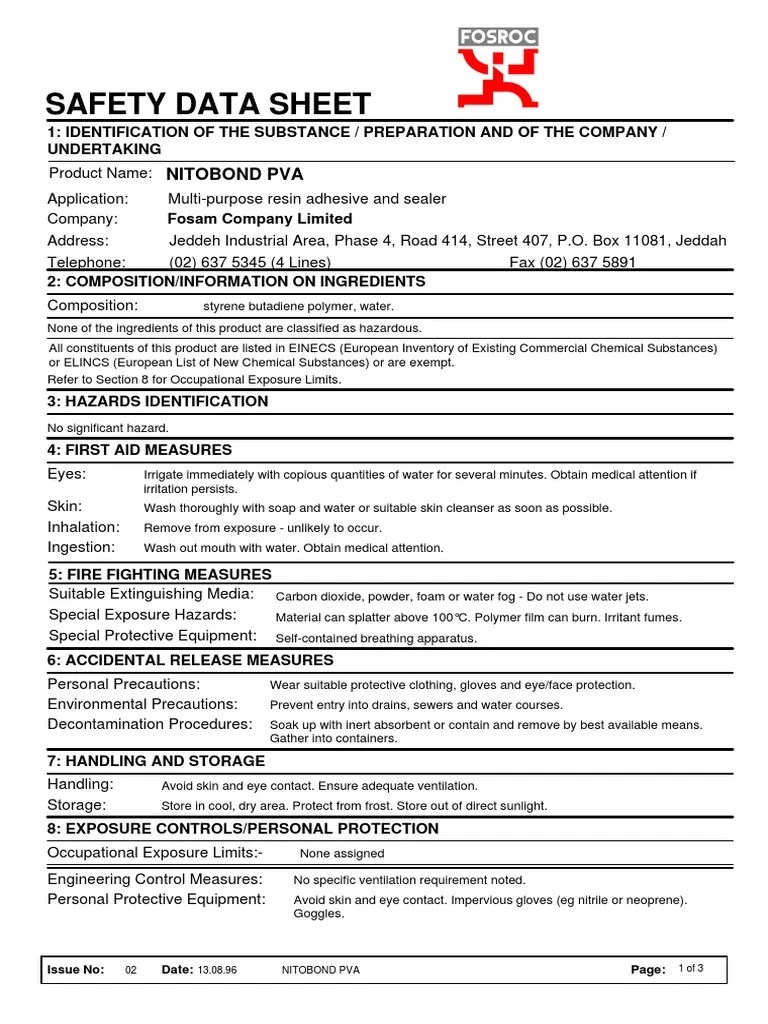 Safety Data Sheet Nitobond Pva PDF Safety Occupational Safety
