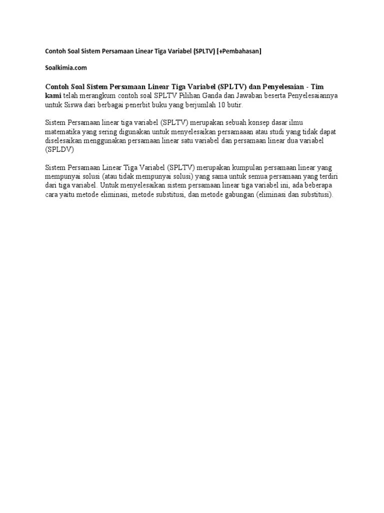 Contoh Soal Sistem Persamaan Linear Tiga Variabel (SPLTV