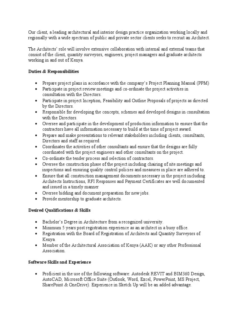 Duties & Responsibilities PDF Architect Business