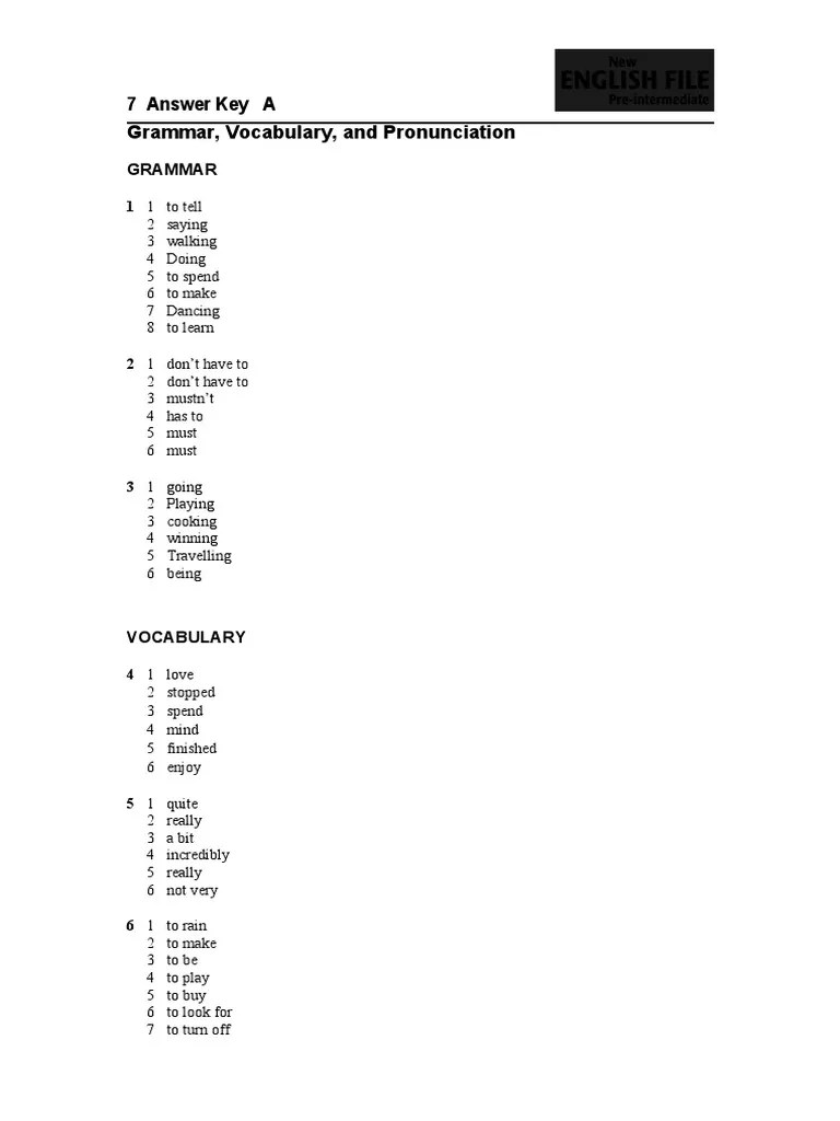 7 Answer Key A Grammar, Vocabulary, and Pronunciation | PDF | Speech
