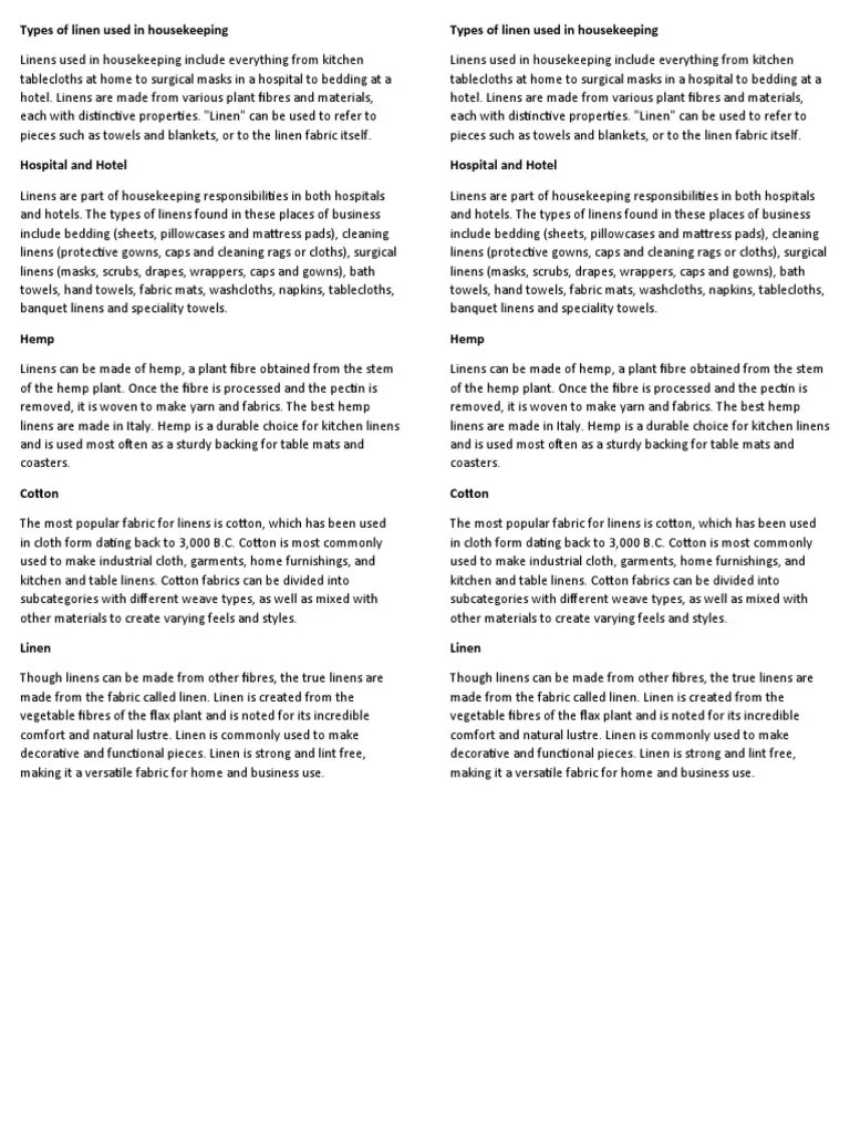 Types of linen used in housekeeping Linens Textiles