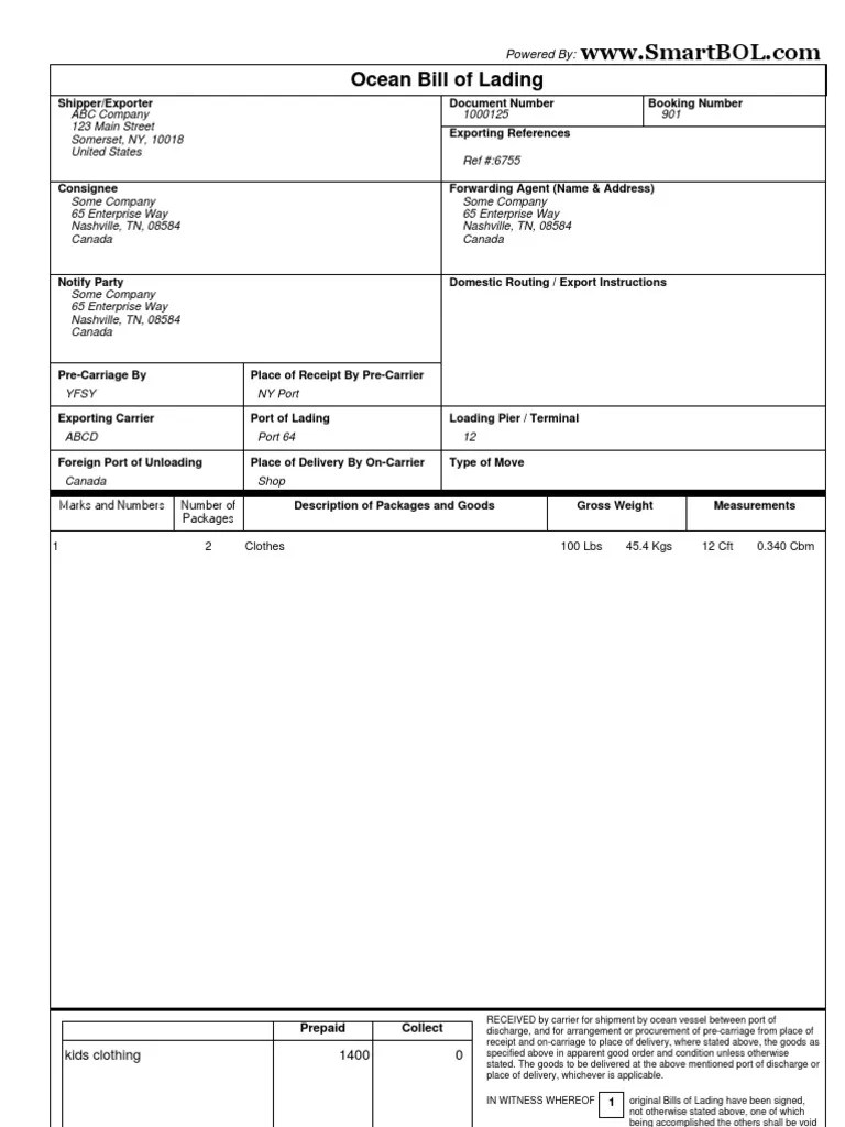 Ocean Bill of Lading Marks and Numbers Number of Packages 1 2 Clothes