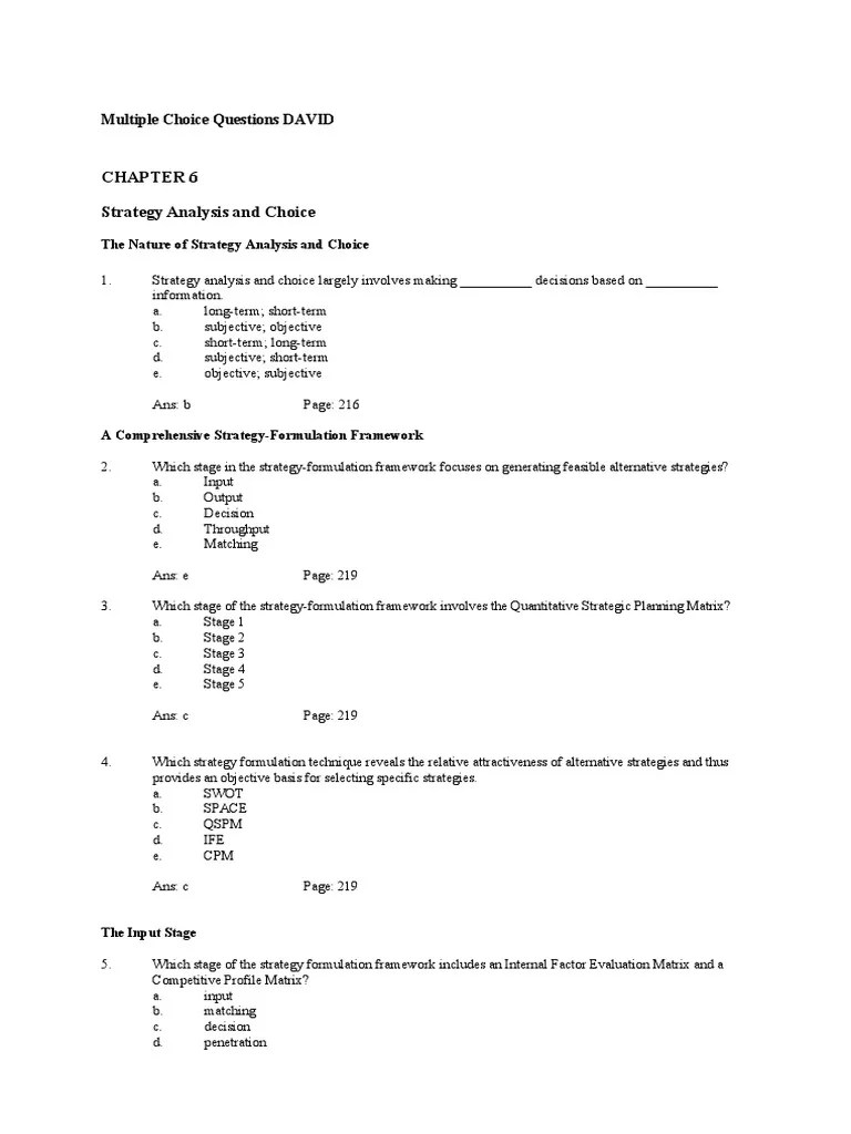 Multiple Choice Questions on Strategy Analysis and Choice Techniques