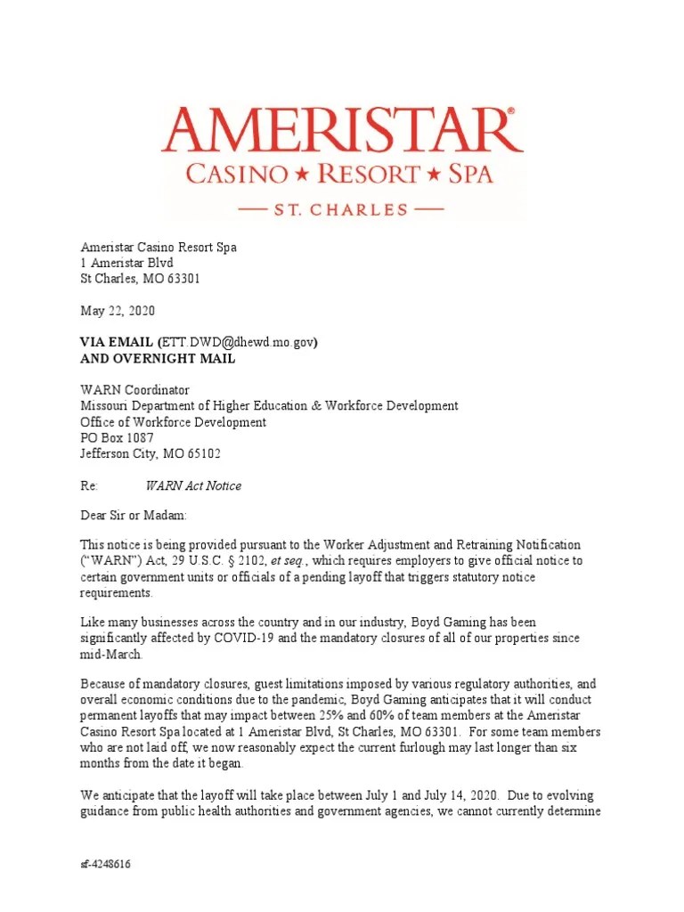Ameristar Casino Resort Spa WARN Act Notice PDF Business