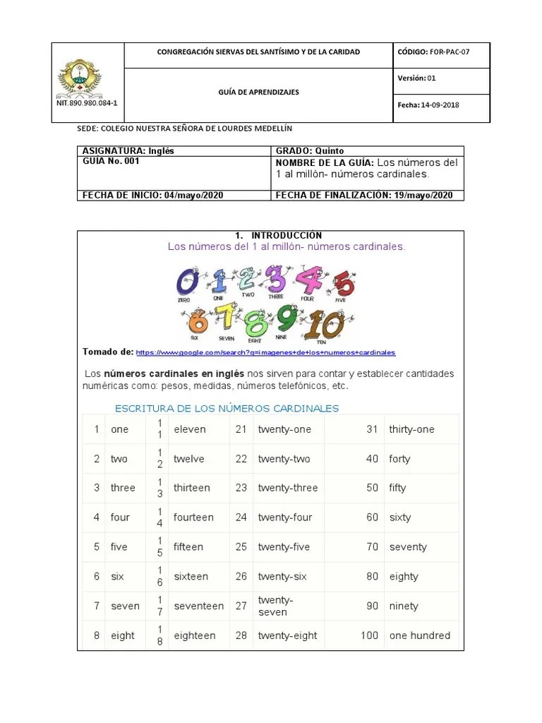 Números en inglés del 1 al 100 PDF