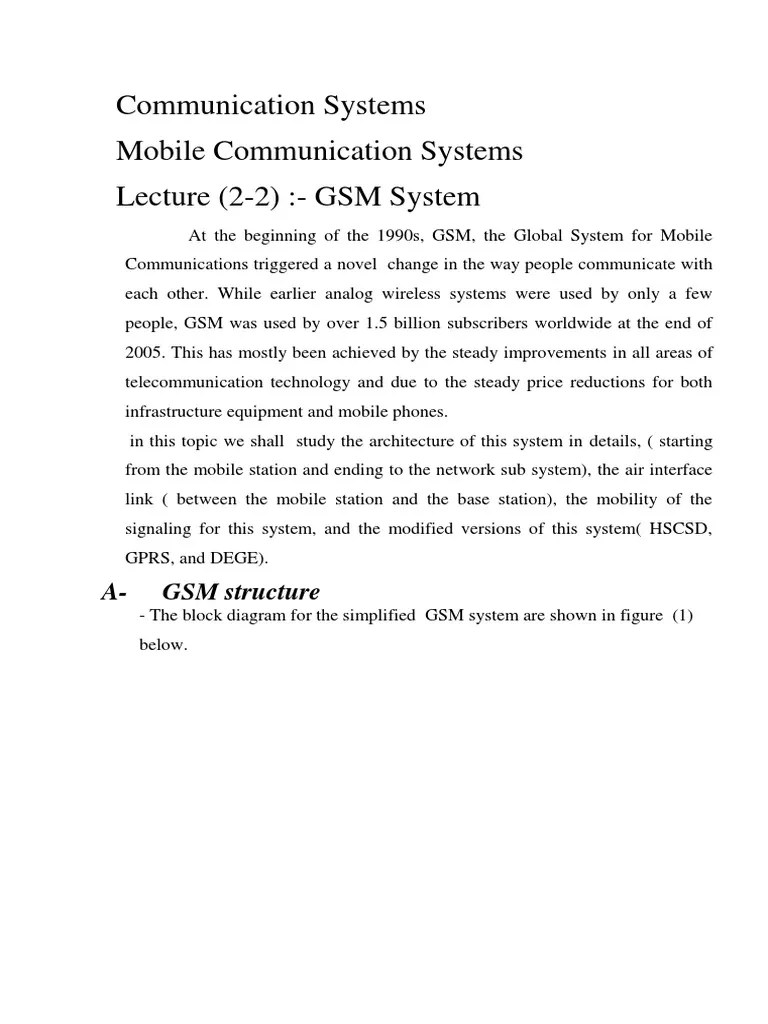 Communication Systems Mobile Communication Systems Lecture (22) GSM System PDF Computer