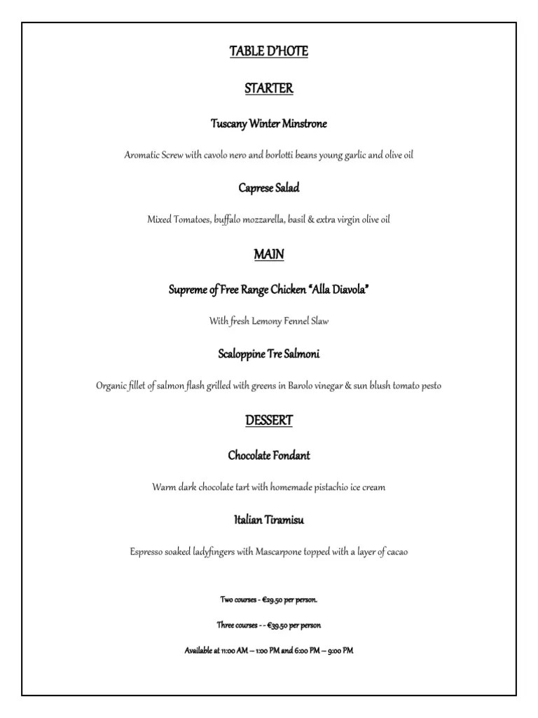 Table D'hote Menu Sample PDF