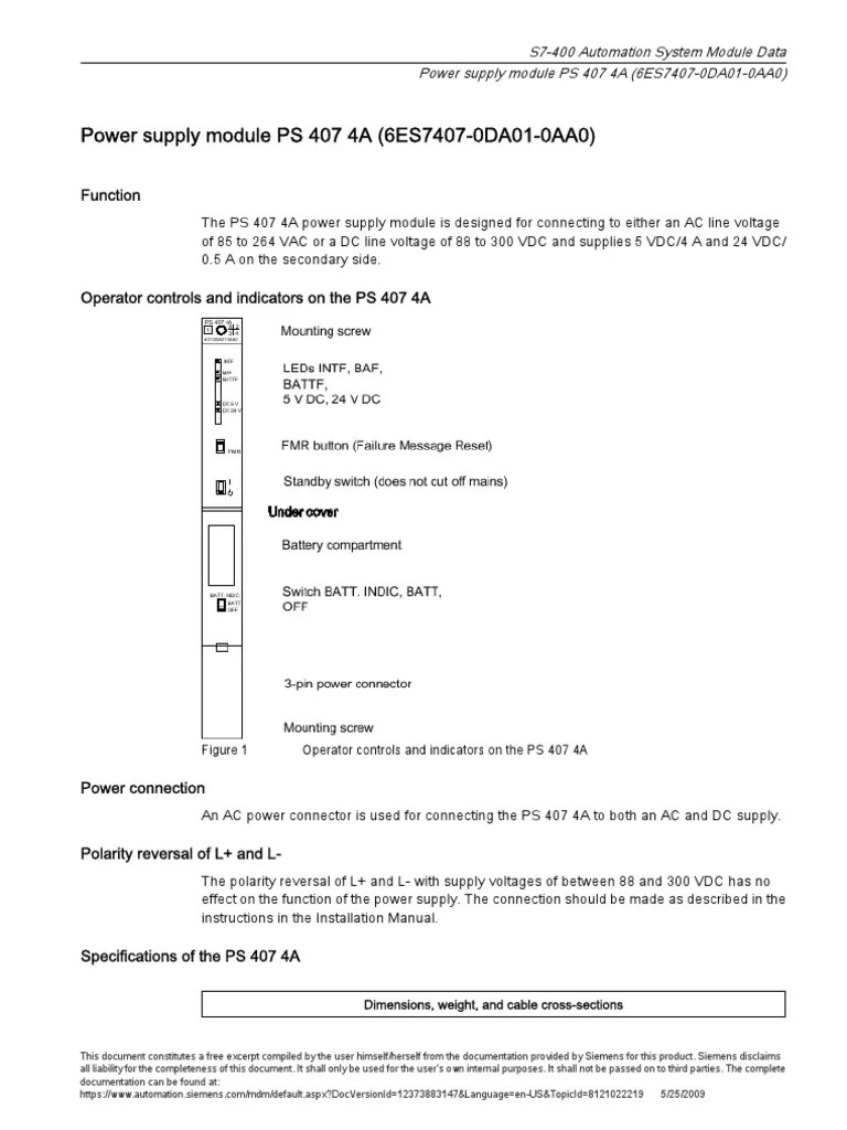 S7400 Automation System Module Data Power Supply Module PS 407 4A