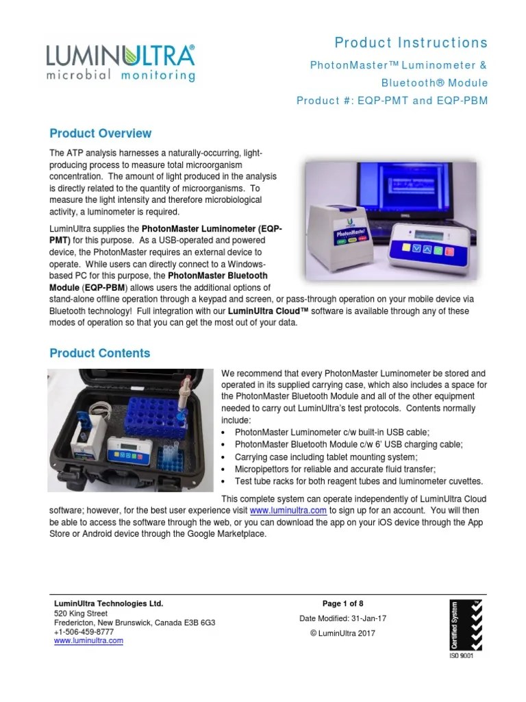 LuminUltra PhotonMaster Luminometer PBM Product Instructions 2017