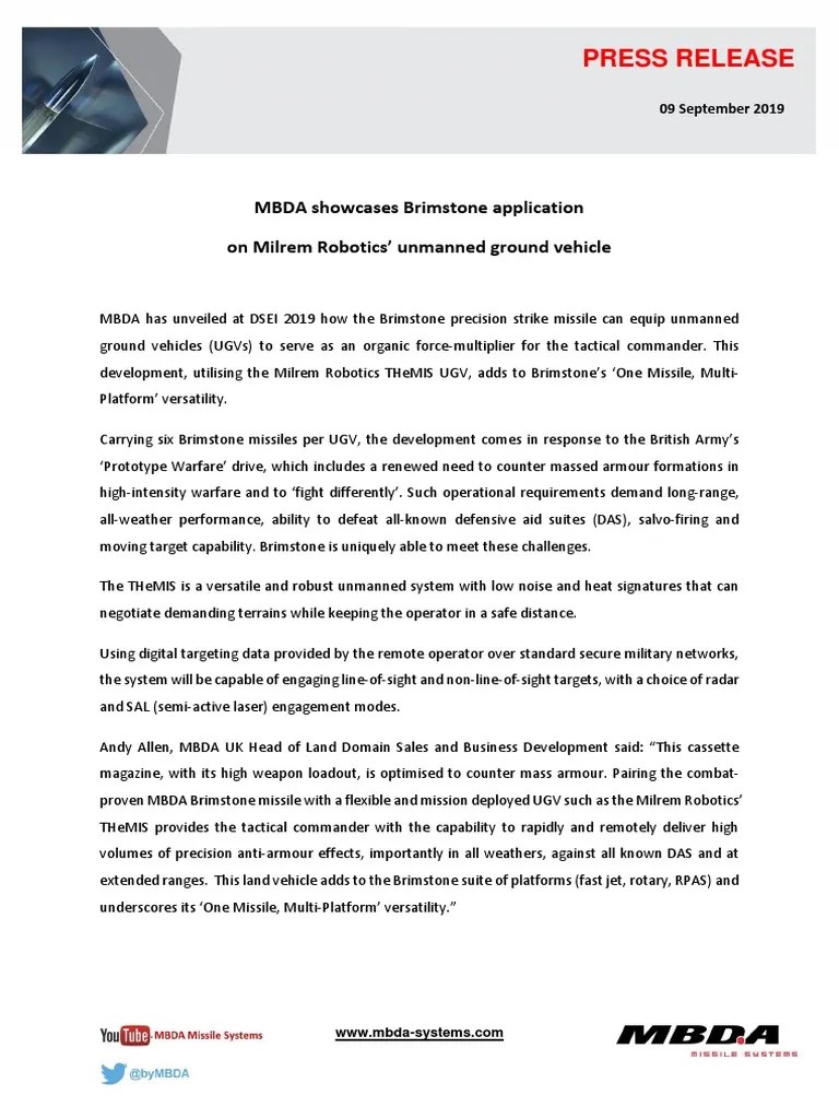 Press Release MBDA Showcases Brimstone Application On Milrem Robotics
