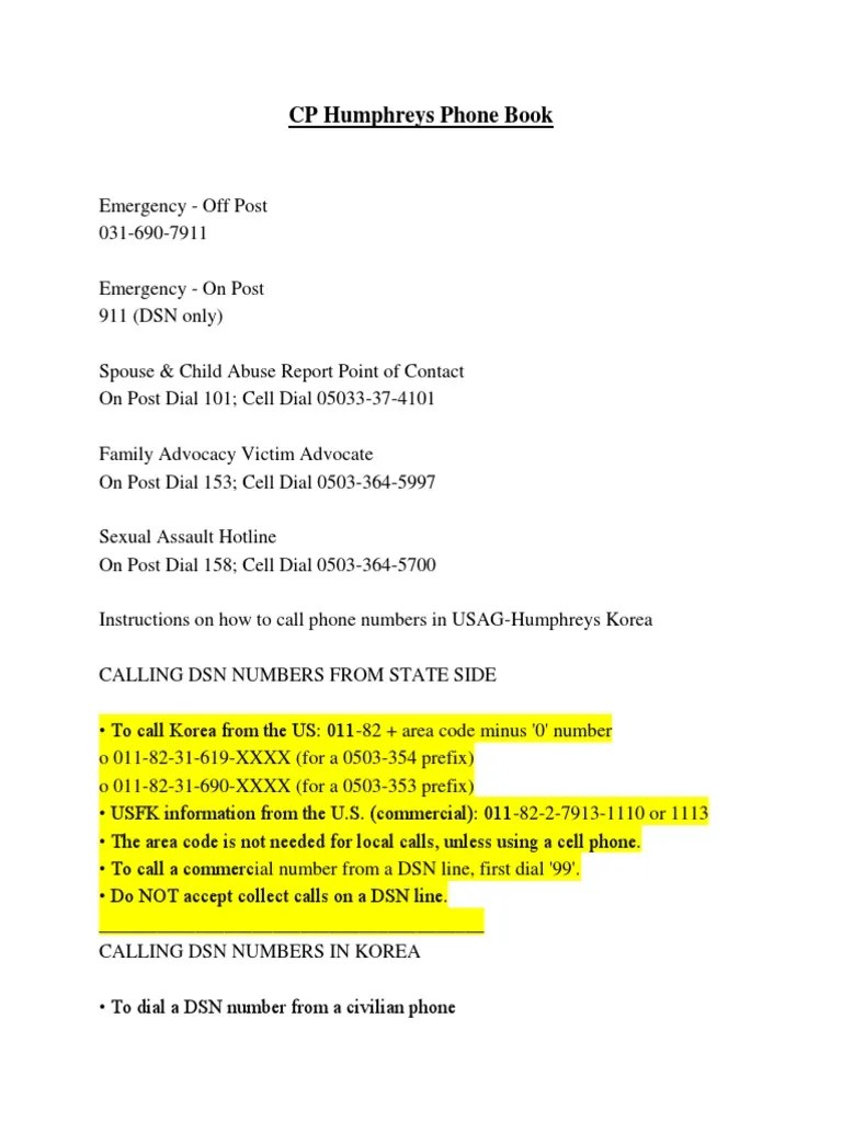Camp Humphreys Phone Book | Pdf | Telephone Number | Telephone Numbering  Plan