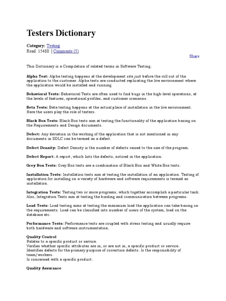 Tester's Dictionary PDF Software Testing Software Release Life Cycle