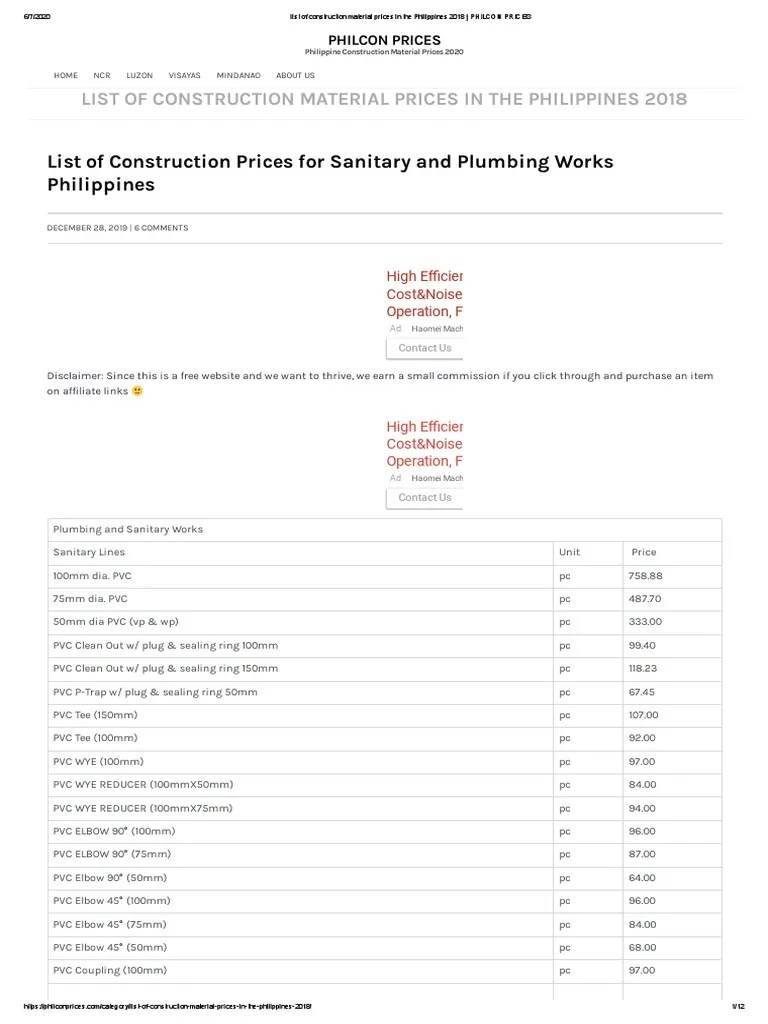 List of Construction Material Prices in The Philippines 2018 PHILCON