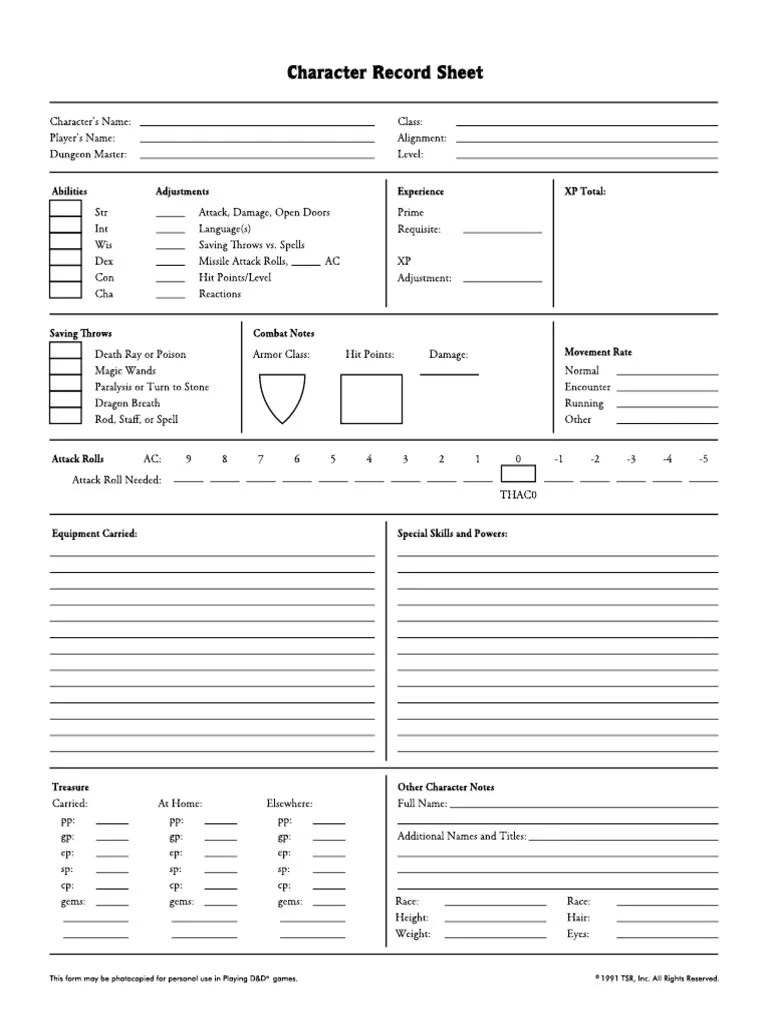 Rules Cyclopedia 1991 Sheet