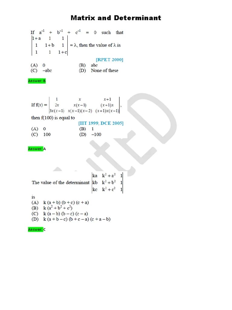 Matrix and Determinant Answer B PDF