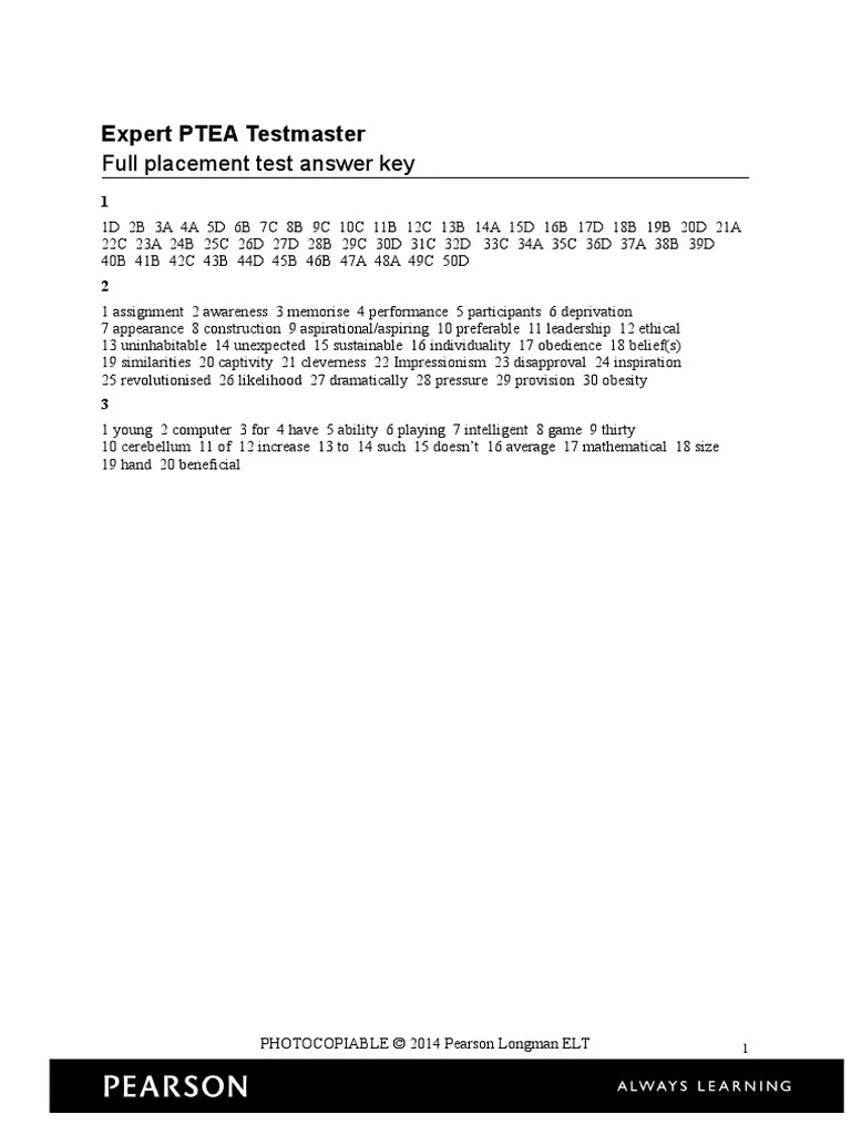 Expert PTEA Testmaster: Full Placement Test Answer Key and Explanations