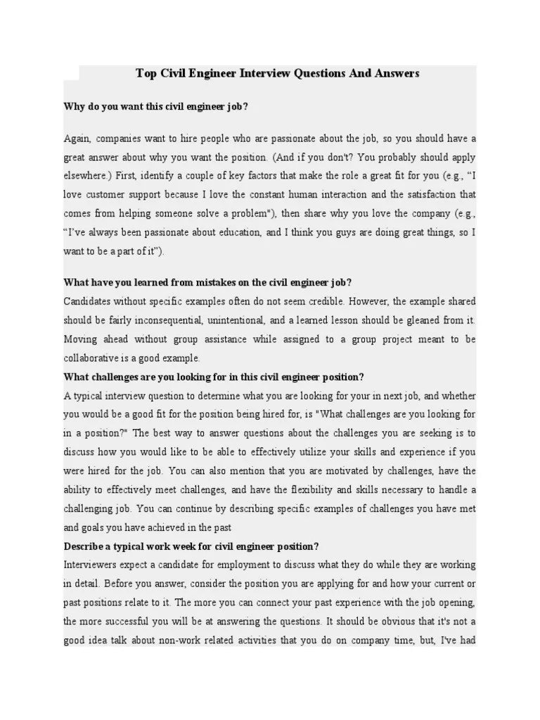 Top 10 Civil Engineer Interview Questions and Answers PDF Interview