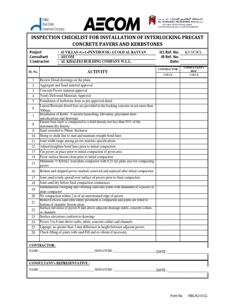 02 Checklist For Interlocking Precast Concrete Pavers and Kerbstones