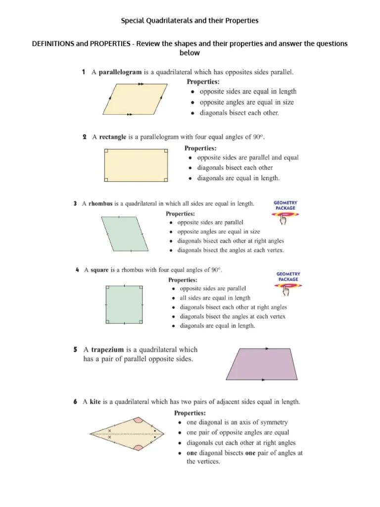 Special Quadrilaterals and Their Properties DEFINITIONS and PROPERTIES Review The Shapes and