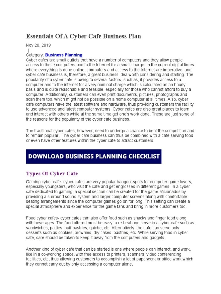 Essentials of A Cyber Cafe Business Plan PDF Marketing Coffeehouse