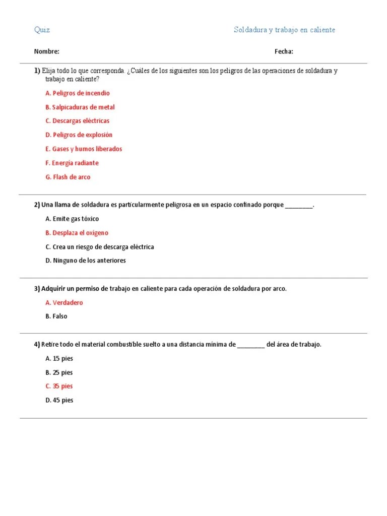 PTW Hot Work Quiz Spanish PDF Cromo Soldadura