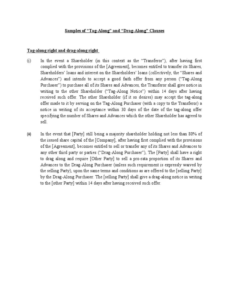 Samples of Drag Along and Tag Along Clauses PDF