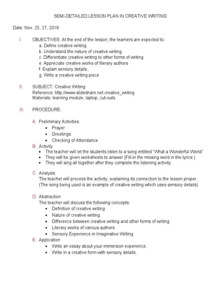 Lesson Plan Creative Writing PDF