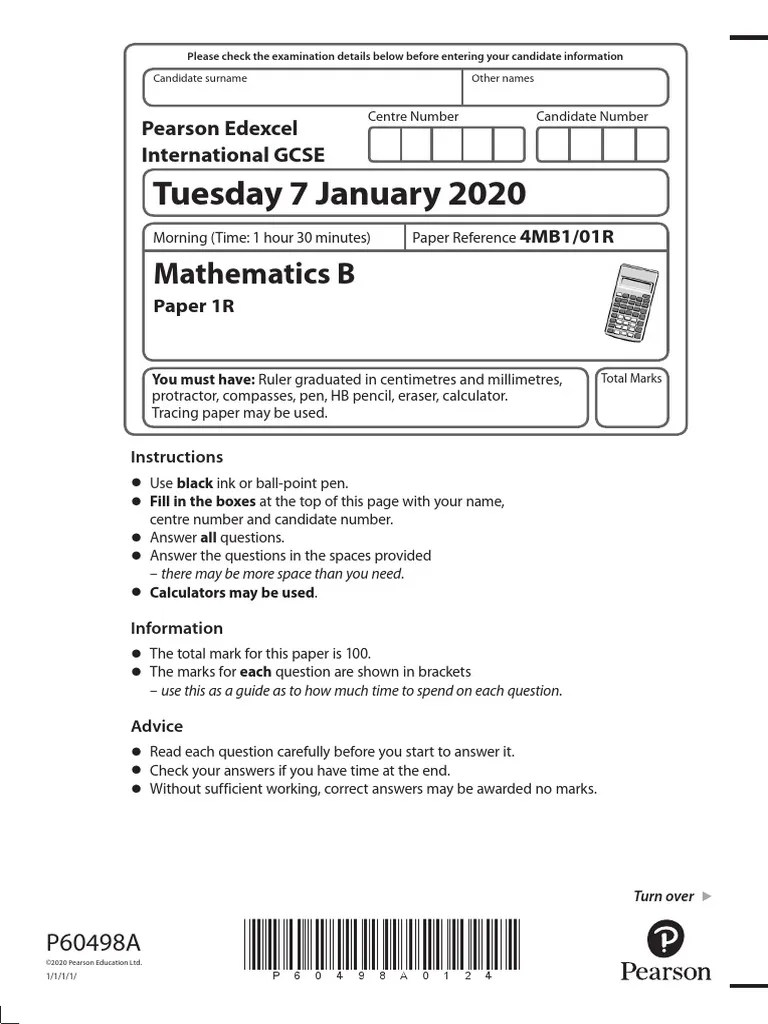01a IGCSE Maths 4MB1 Paper 1R January 2020 Examination Paper PDF