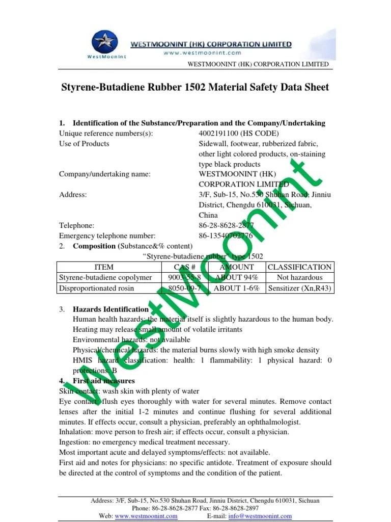 StyreneButadiene Rubber 1502 Material Safety Data Sheet PDF