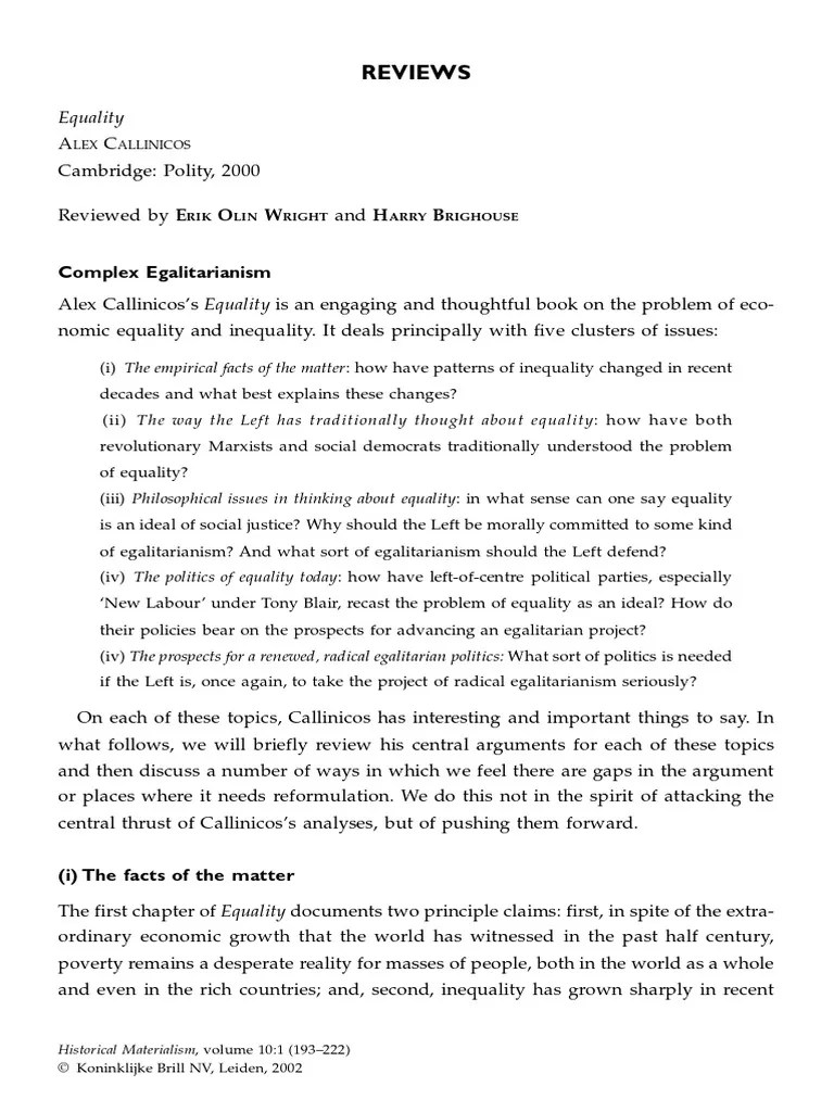 Wright, Erik Olin. Review (Callinicos) PDF Egalitarianism John Rawls