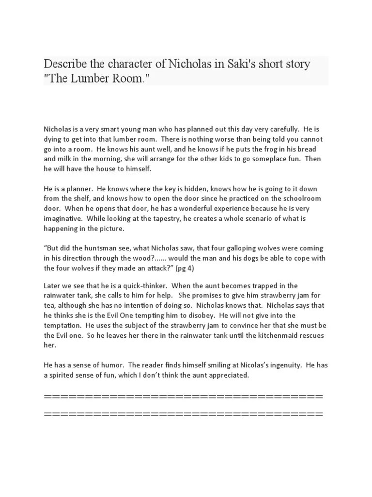 Describe The Character of Nicholas in Saki's Short Story "The Lumber