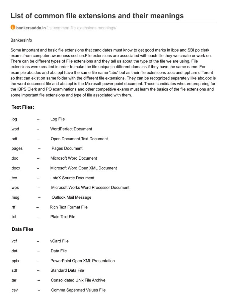 Bankersadda InList of Common File Extensions and Their Meanings