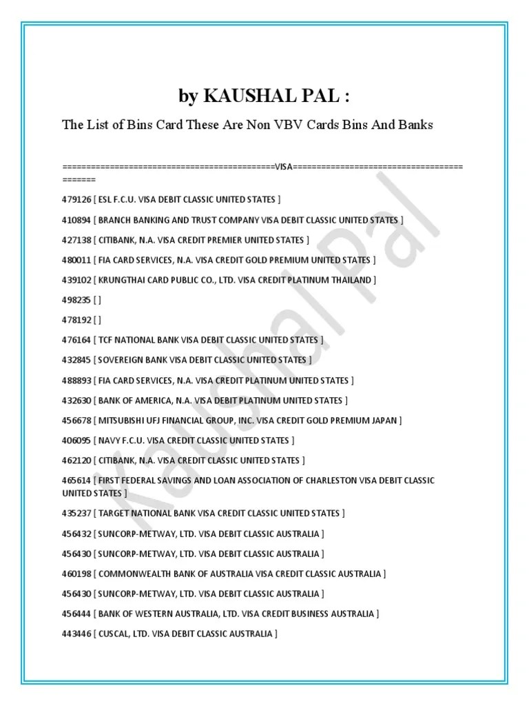By Kaushal Pal The List of Bins Card These Are Non VBV Cards Bins and